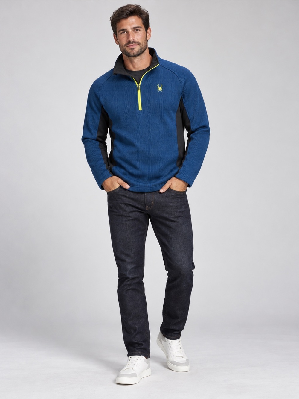 Spyder Men's Blue Half-Zip Pullover with Black Panels and Neon Yellow Trim - XXL